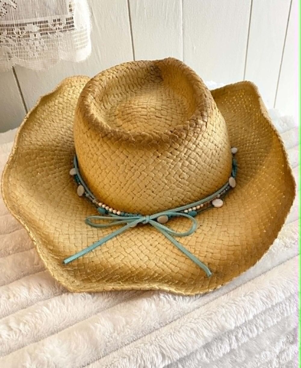 Scala Pronto Straw Cowboy Hat Turquoise Beaded Band One Size